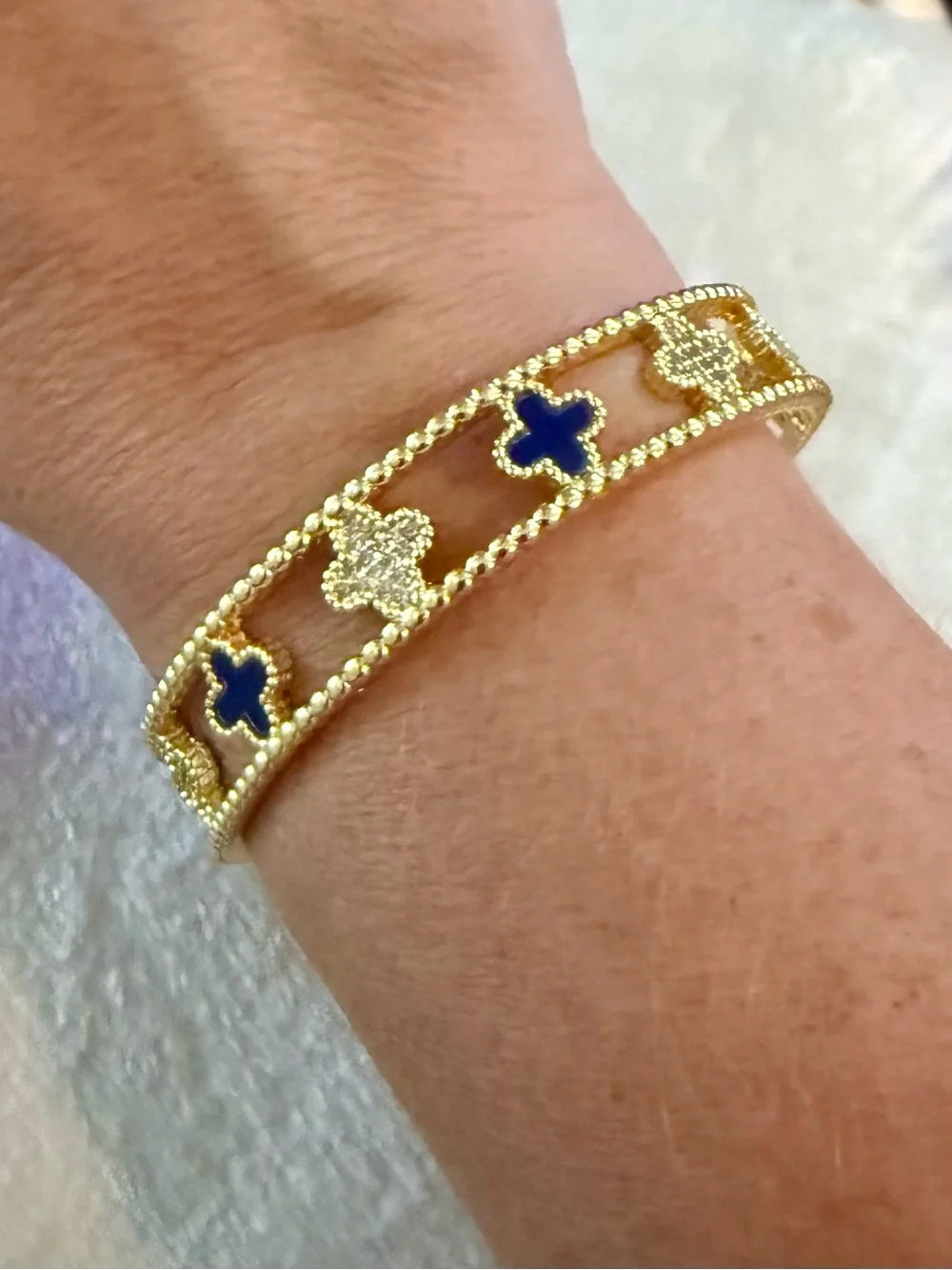 Gold & Blue Clover Cuff Bracelet + Ring Set